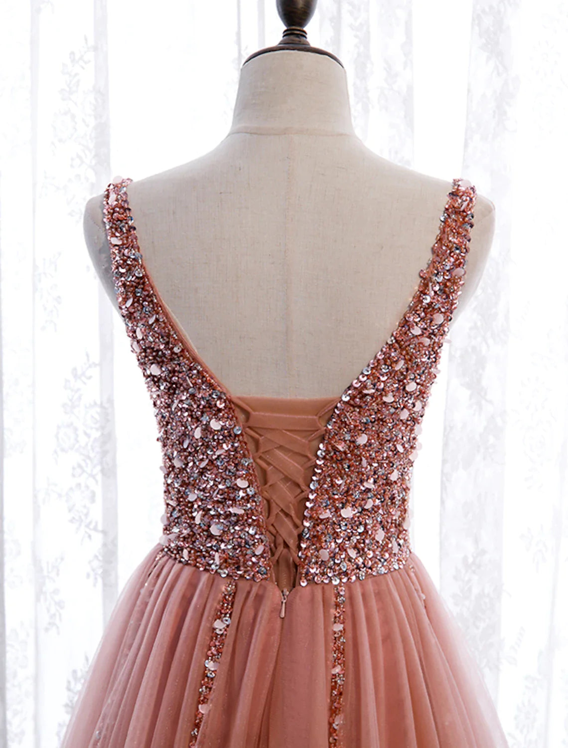Vestidos de fiesta de corte A, elegantes, para fiesta, con cola de corte, sin mangas, cuello en V, poliéster con bordado de perlas