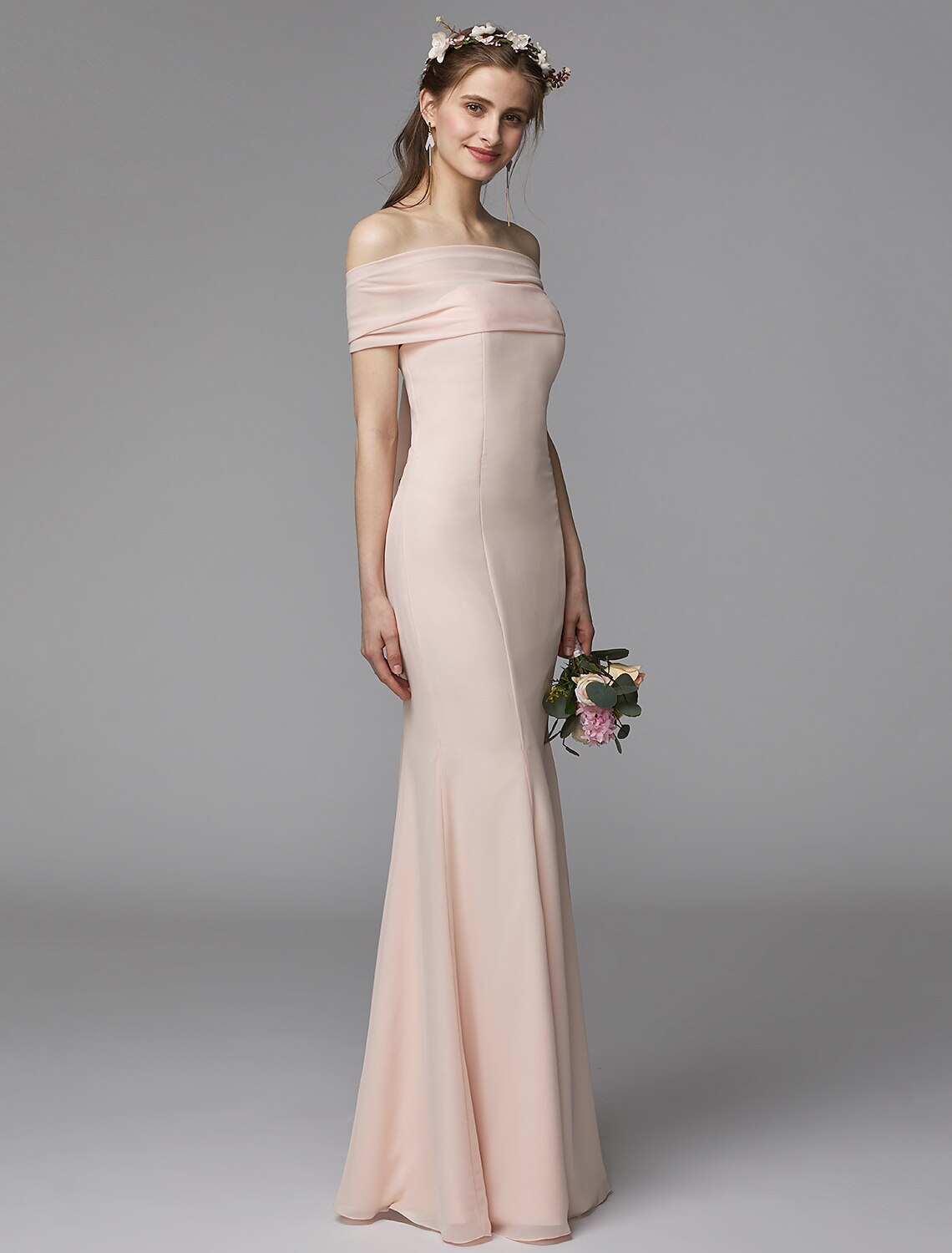 Vestido de dama de honor de corte sirena/trompeta, sin tirantes, sin mangas, espalda descubierta, largo hasta el suelo, de gasa, con faja/cinta/plisado