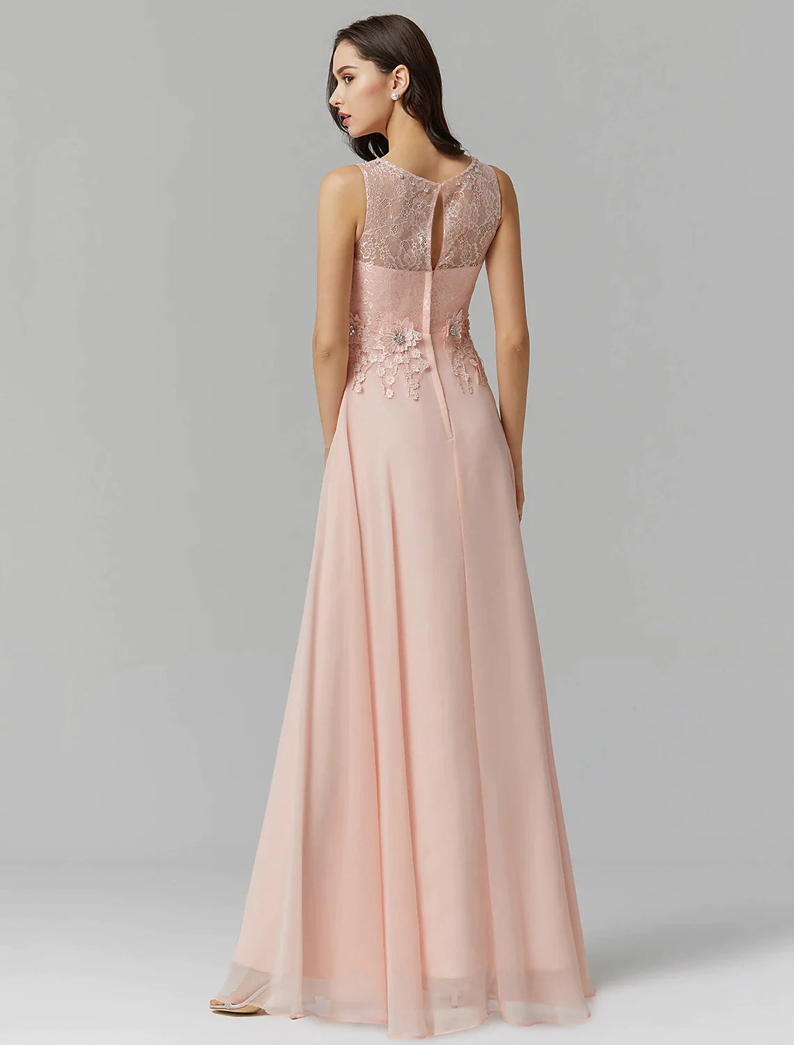 A-Line Empire Dress Wedding Guest Floor Length Sleeveless Illusion Neck Chiffon with Beading Appliques