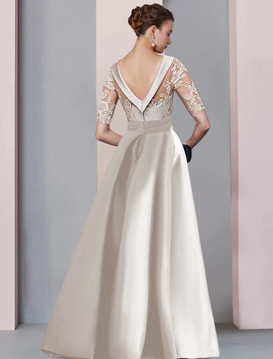 Vestido de Madre de la Novia de Corte A para Invitadas de Boda Elegante Escote Redondo Largo hasta el Suelo Encaje de Satén Media Manga con Lazo(s) Apliques Abertura Delantera