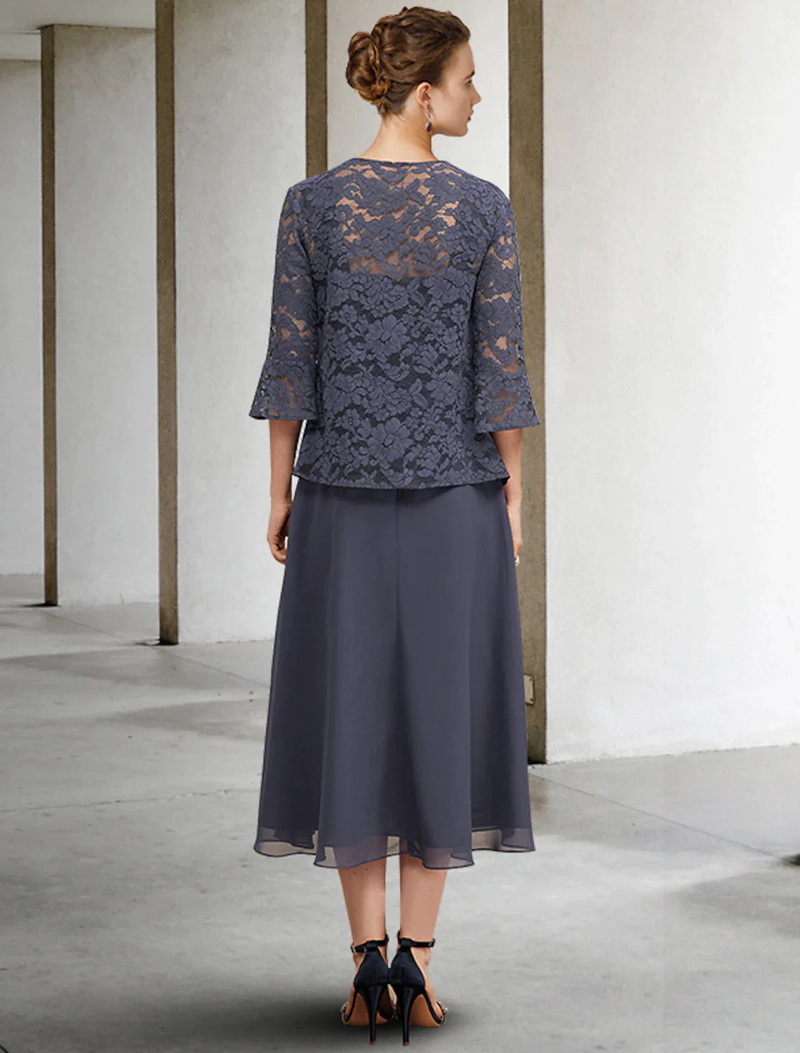 Suknia dla matki panny młodej w kształcie litery A, 3-częściowa, plus size, elegancka, z kwadratowym dekoltem, do kolan, z szyfonu i koronki, bez rękawów, z kopertowym dekoltem w zestawie, z falbankami i kryształkami