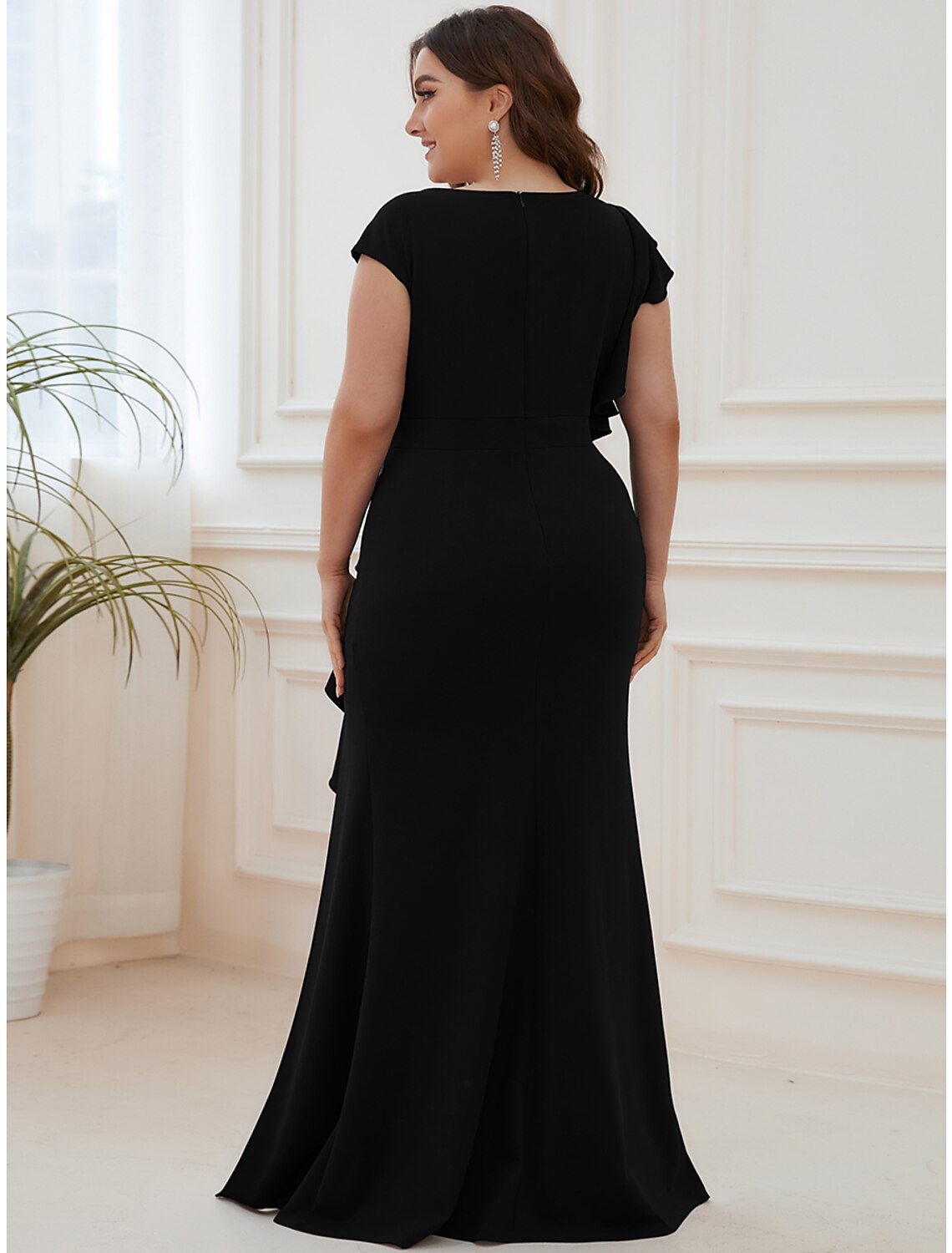 Mermaid / Trumpet Evening Gown Vintage Dress Formal Floor Length Short Sleeve Jewel Neck Nylon with Ruffles Slit
