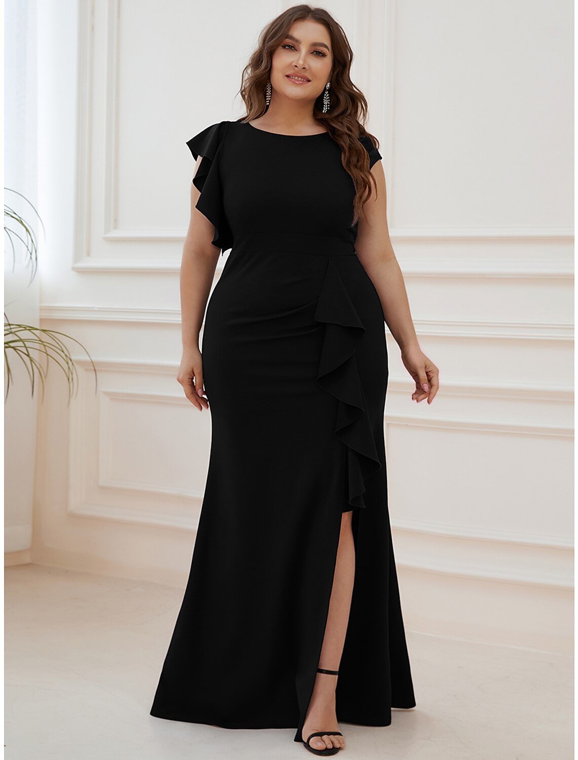 Mermaid / Trumpet Evening Gown Vintage Dress Formal Floor Length Short Sleeve Jewel Neck Nylon with Ruffles Slit