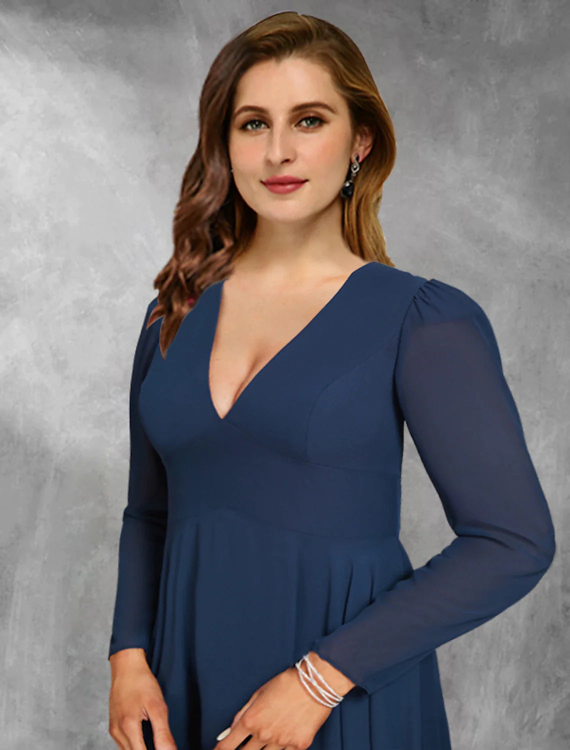 A-Line Plus Size Curve Mother of the Bride Dresses Vintage Dress Formal Floor Length Long Sleeve V Neck Chiffon with Pleats Ruffles
