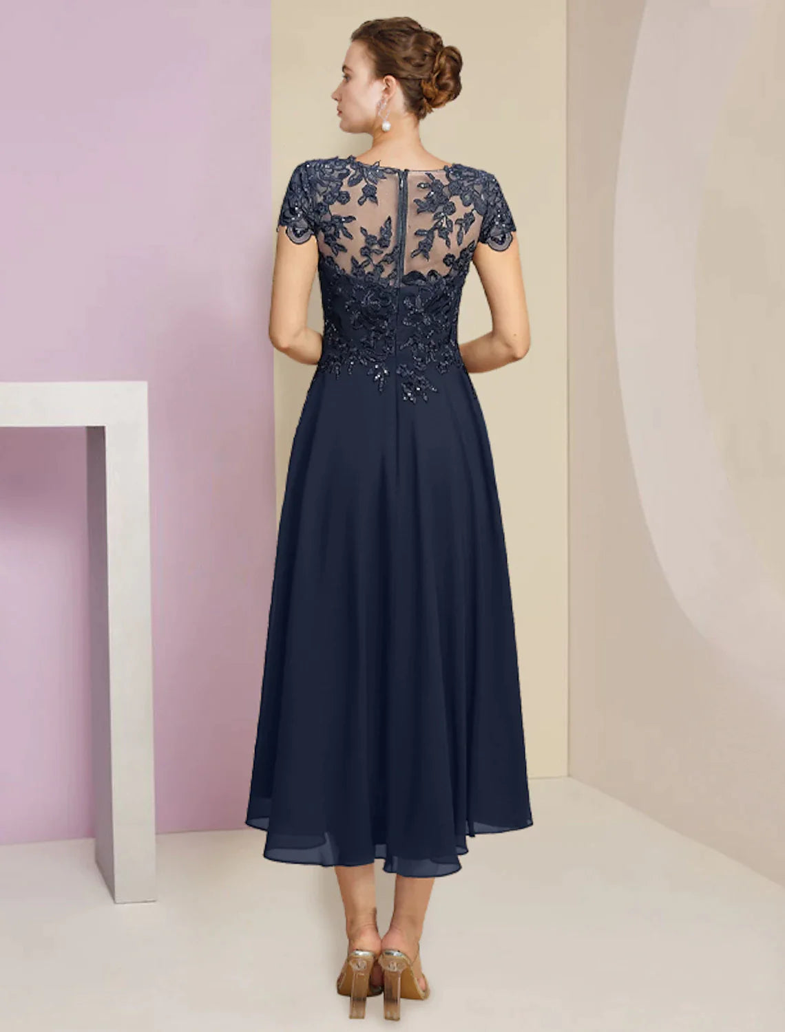 Two Piece A-Line Mother of the Bride Dress Formal Elegant Scoop Neck Tea Length Chiffon Lace Short Sleeve Wrap Included with Pleats Sequin Appliques