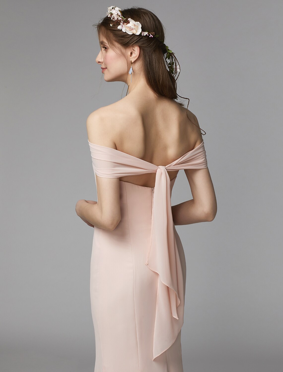 Vestido de dama de honor de corte sirena/trompeta, sin tirantes, sin mangas, espalda descubierta, largo hasta el suelo, de gasa, con faja/cinta/plisado