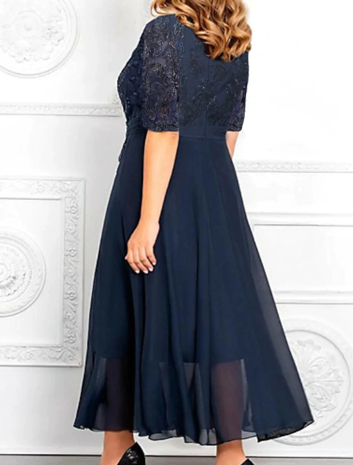 Vestido de madre de la novia de corte A, talla grande, elegante, escote en V, largo hasta los tobillos, de gasa con lentejuelas, media manga y apliques