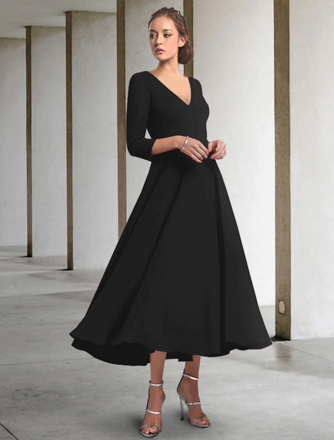 A-Line Mother of the Bride Dress Elegant V Neck Tea Length Chiffon 3/4 β Amzcw Dress