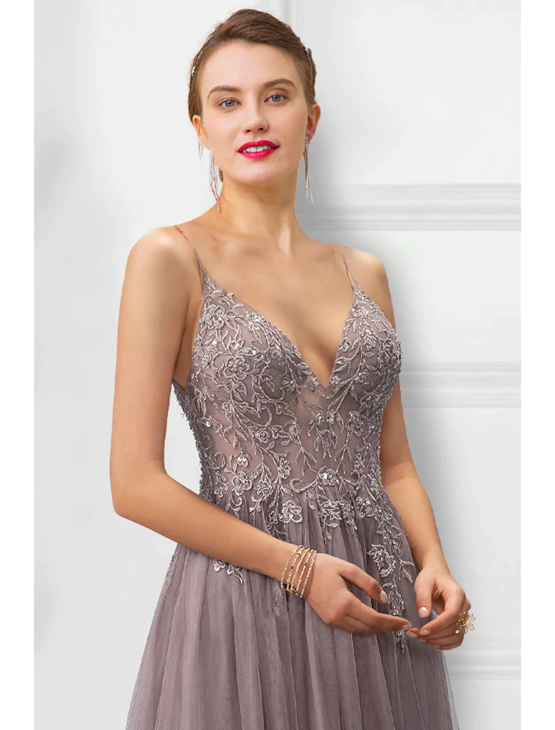 A-Line Prom Dresses Floral Dress Party Wear Floor Length Sleeveless Spaghetti Strap Tulle with Slit