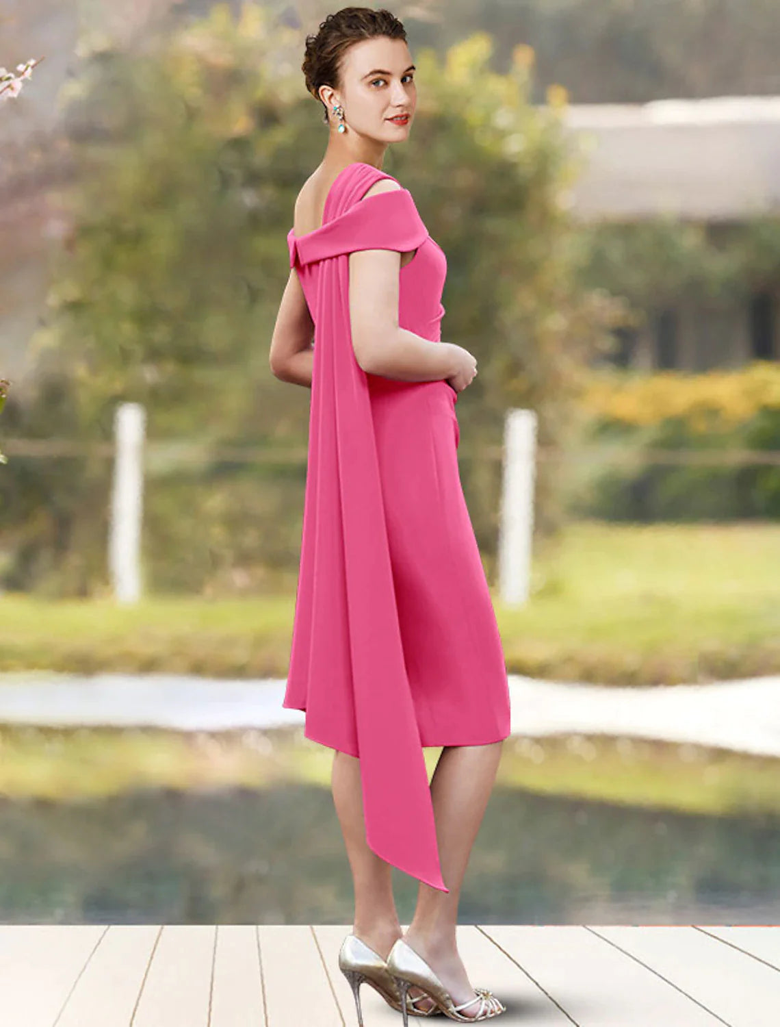 Sheath / Column Mother of the Bride Dress Elegant Jewel Neck Knee Length Stretch Chiffon 3/4 Length Sleeve with Side-Draped
