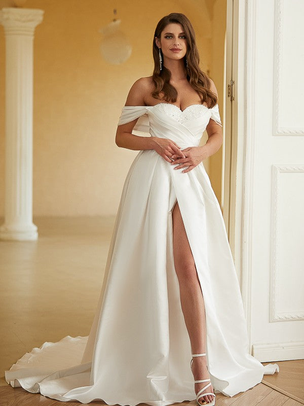 A-Line/Princess Chiffon Lace V-neck 1/2 Sleeves Floor-Length Wedding Dresses