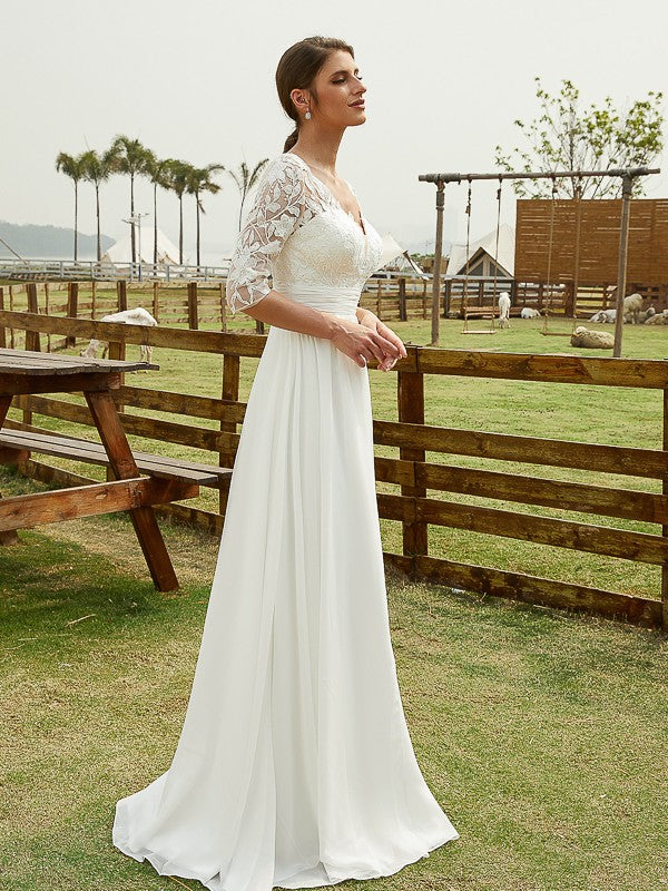 A-Line/Princess Satin Ruched Off-the-Shoulder Sleeveless Chapel Train Wedding Dresses