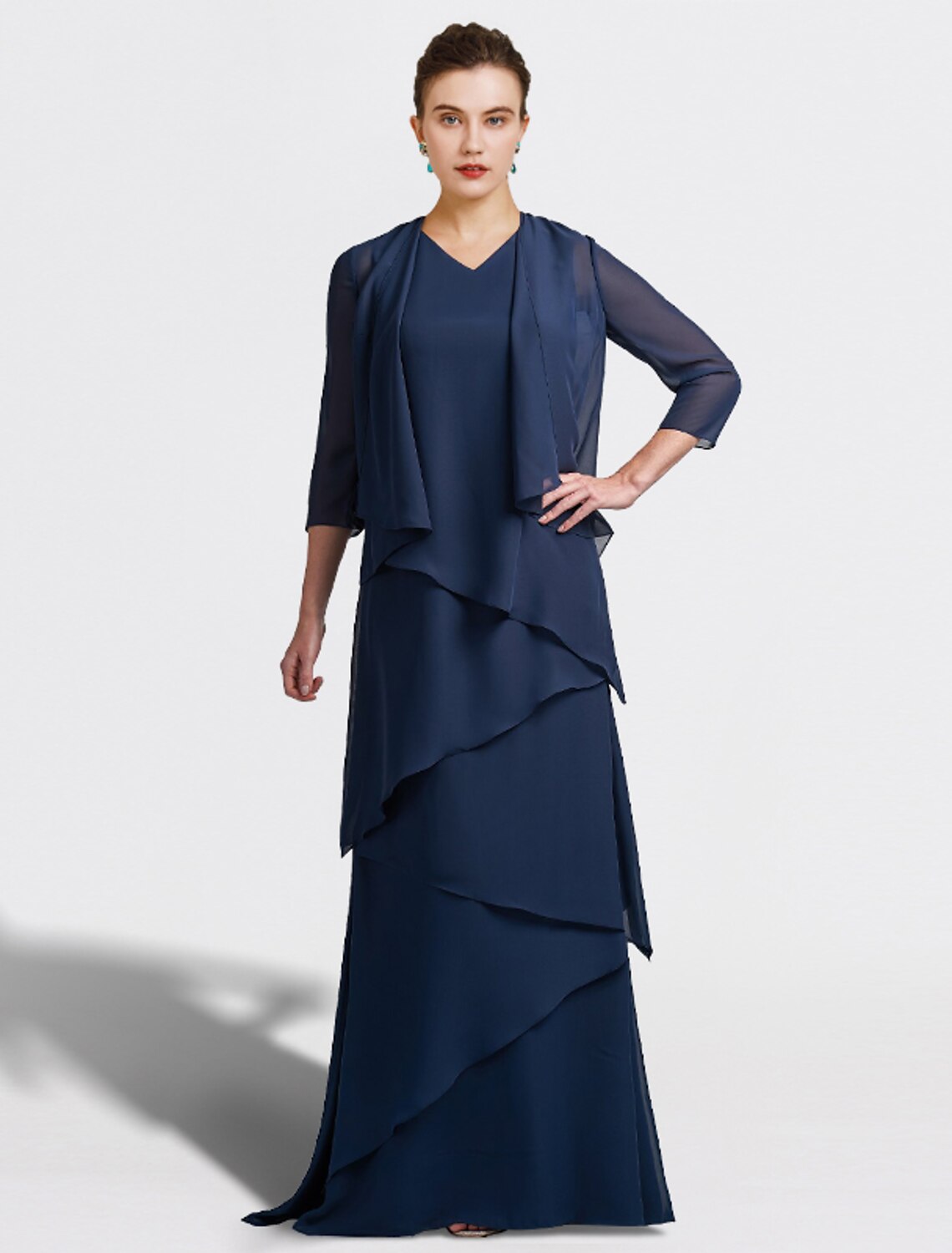 Vestido de madre de la novia de dos piezas, corte en A, talla grande, elegante, escote en V, largo hasta el suelo, de gasa, sin mangas, cruzado, con volantes incluidos