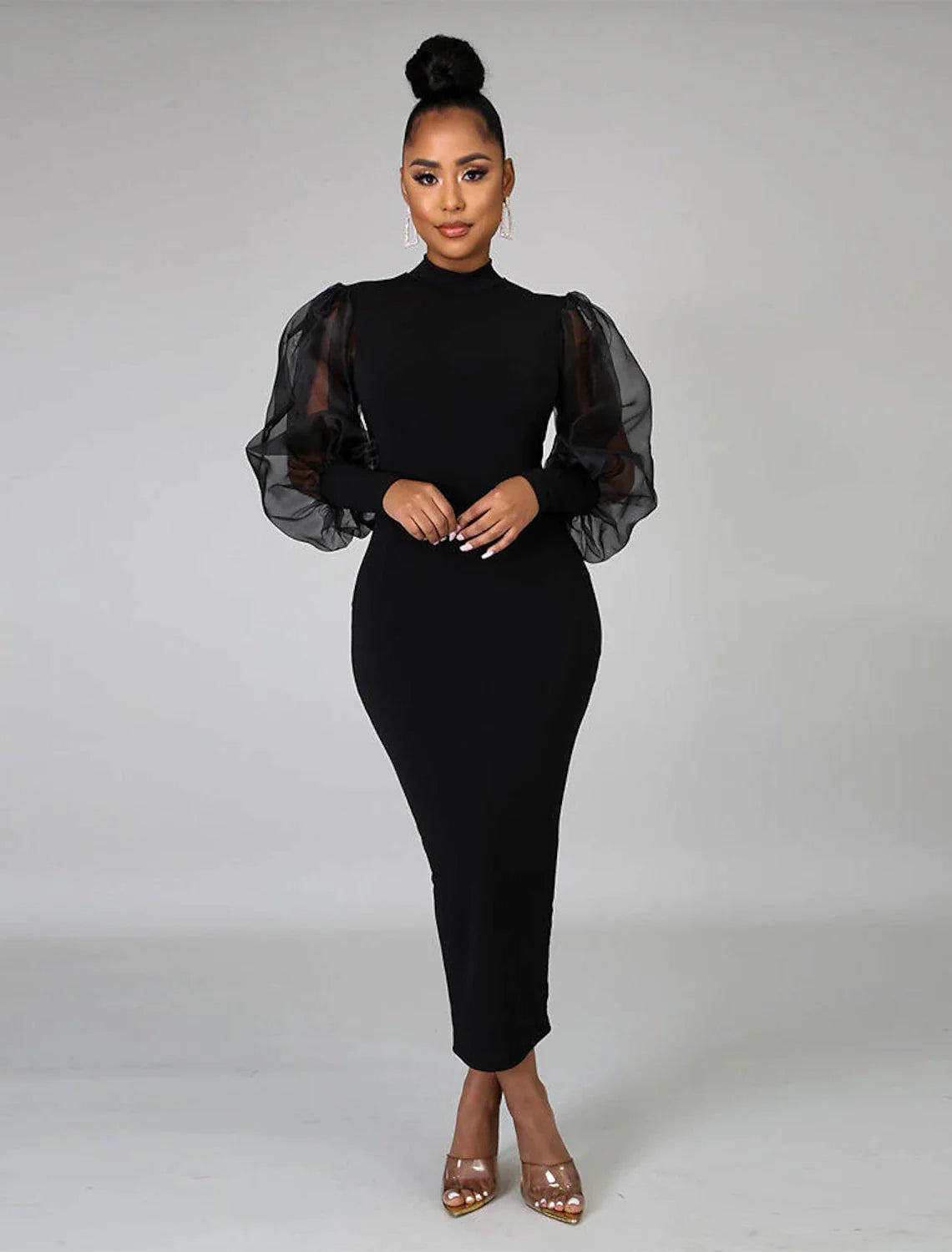 Vestido de cóctel con corte tubo/columna, vestido negro corto, vestido para invitada de boda, largo hasta la rodilla, manga larga, cuello alto, tejido elástico con empalme de color puro.