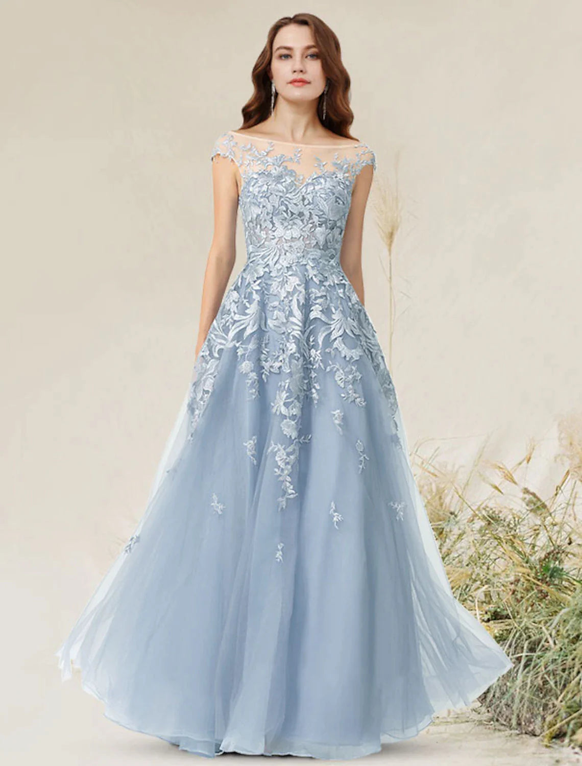 Vestido de fiesta elegante estilo imperio de corte A, vestido de noche formal, cuello joya, sin mangas, largo hasta el suelo, encaje con apliques