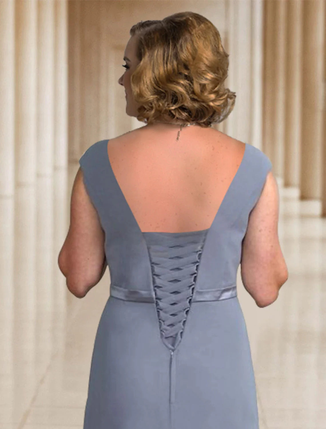 Vestido de madre de la novia de talla grande, elegante, con escote en V, largo hasta el suelo, de gasa, sin mangas, con faja o cinta.
