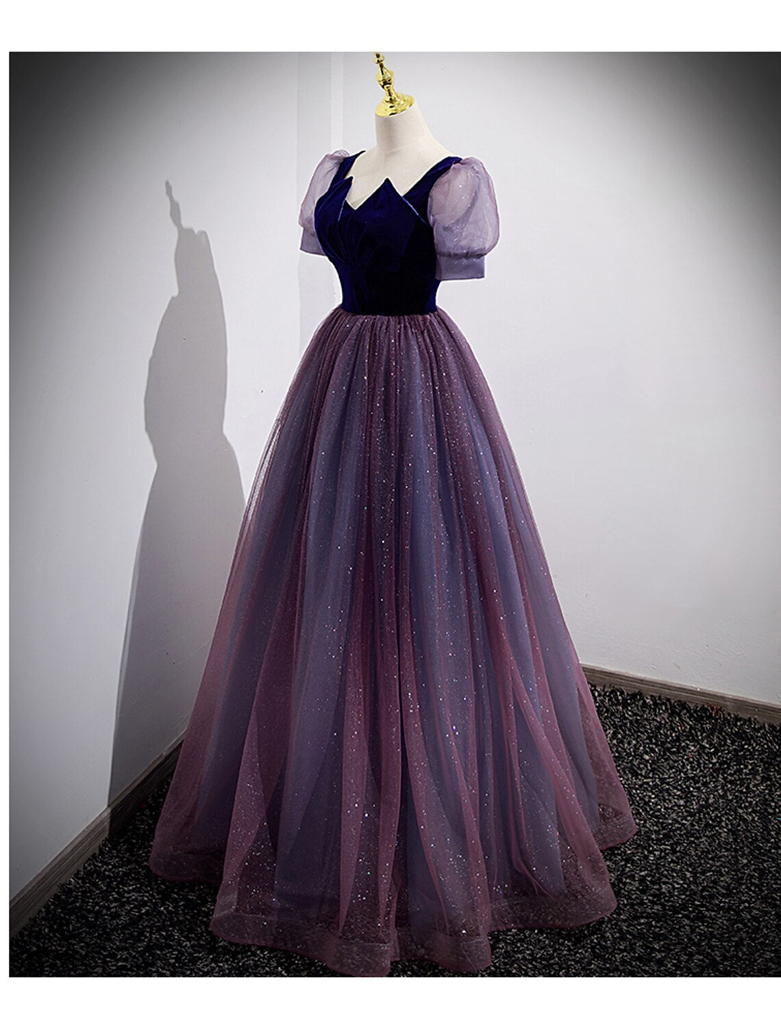 Vestidos de fiesta de corte A, brillantes y con brillo, hasta el suelo, manga corta, escote redondo, tul con lentejuelas