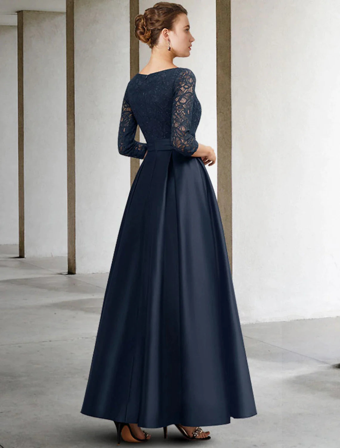 Vestido de madre de la novia de corte A, talla grande, elegante, escote en V, largo hasta los tobillos, satén, encaje, manga 3/4, sin pliegues, fruncido