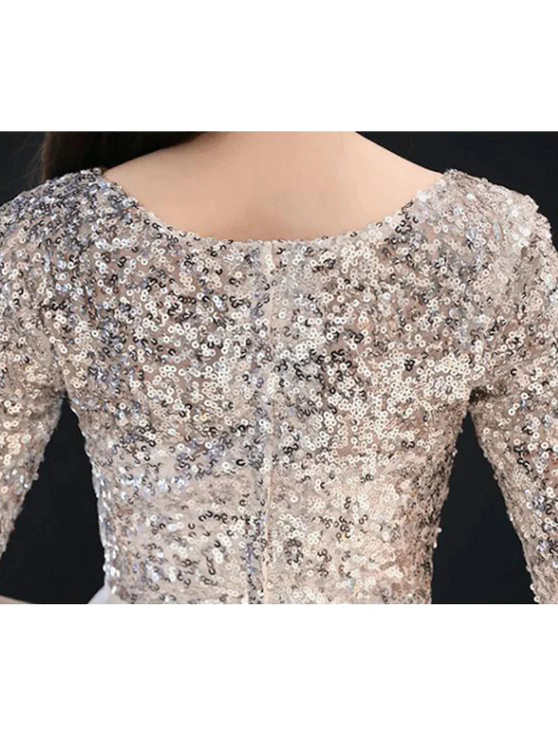 Vestido de cóctel blanco brillante de corte A para fiesta de graduación, escote joya, media manga, largo hasta la rodilla, satén con capa de lentejuelas