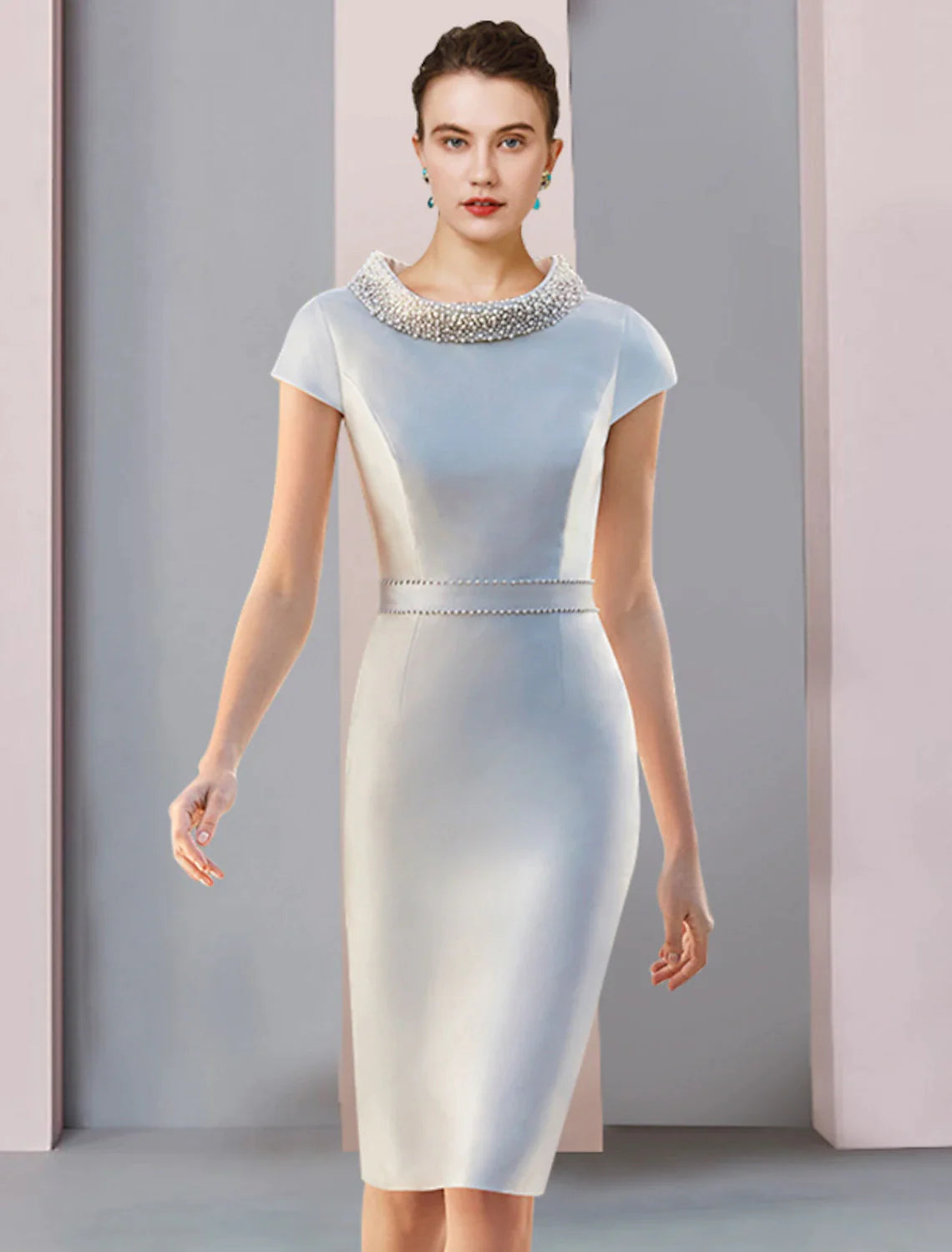 Vestido de dos piezas para madre de la novia, elegante, escote redondo, largo hasta la rodilla, satén, manga 3/4, con lazo(s) y perlas.