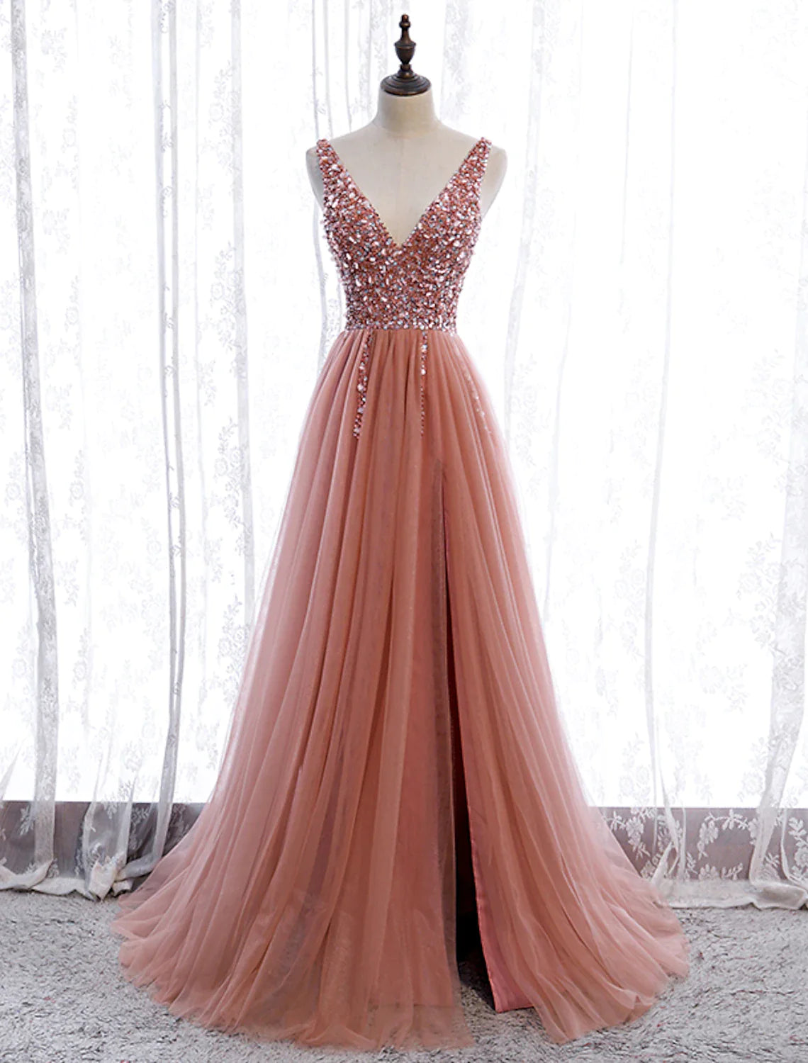 Vestidos de fiesta de corte A, elegantes, para fiesta, con cola de corte, sin mangas, cuello en V, poliéster con bordado de perlas
