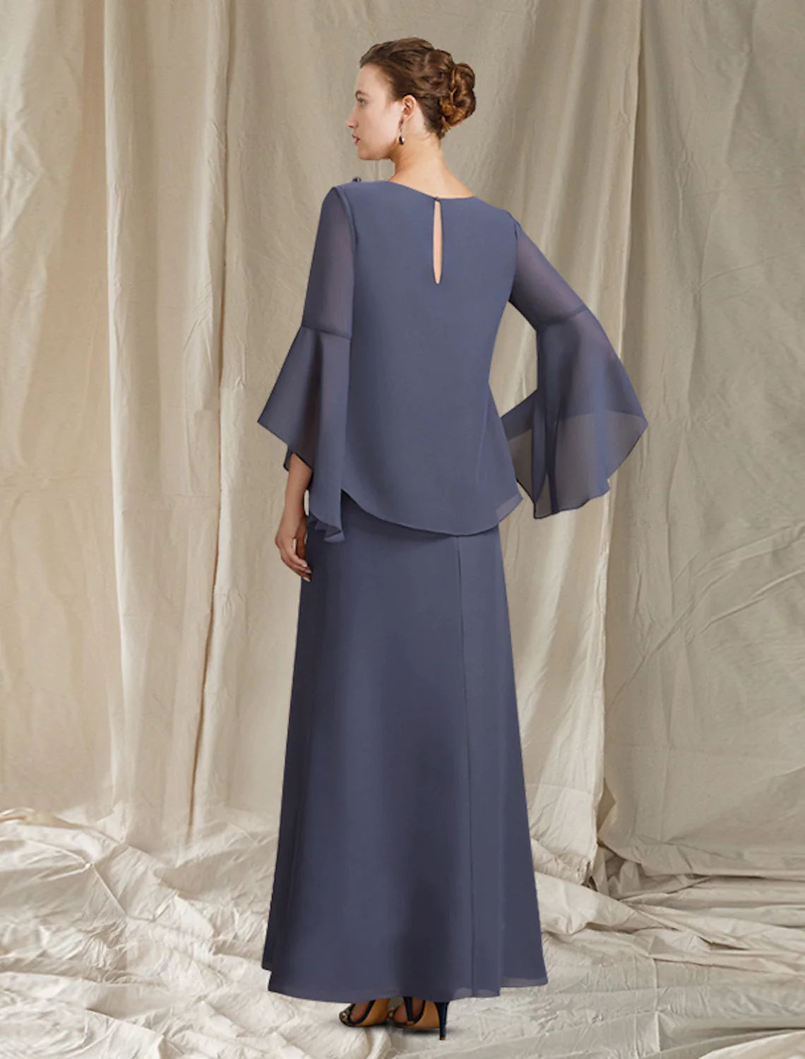 Vestido de madre de la novia de corte A, talla grande, elegante, cuello joya, largo hasta los tobillos, de gasa, manga larga con flores
