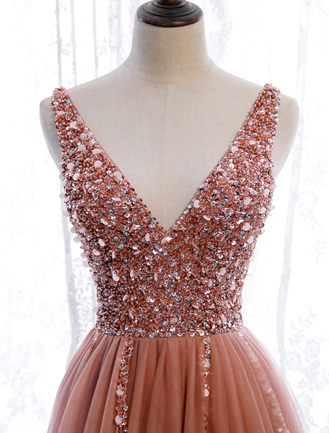 Vestidos de fiesta de corte A, elegantes, para fiesta, con cola de corte, sin mangas, cuello en V, poliéster con bordado de perlas