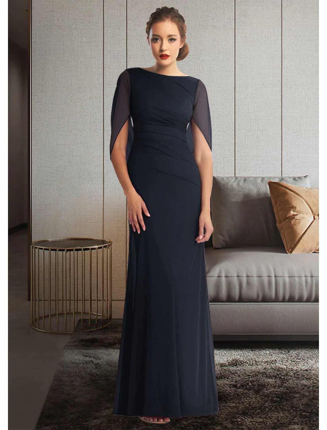 Sheath / Column Mother of the Bride Dress Elegant Jewel Neck Ankle Length Chiffon Half Sleeve with Pleats Ruching