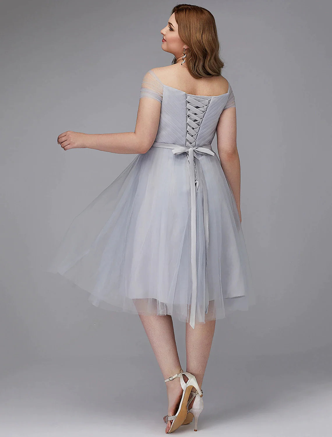 A-Line Elegant Dress Wedding Guest Tea Length Short Sleeve Off Shoulder Tulle with Sash / Ribbon Criss Cross