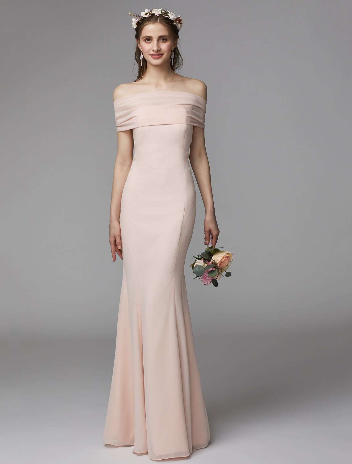 Vestido de dama de honor de corte sirena/trompeta, sin tirantes, sin mangas, espalda descubierta, largo hasta el suelo, de gasa, con faja/cinta/plisado