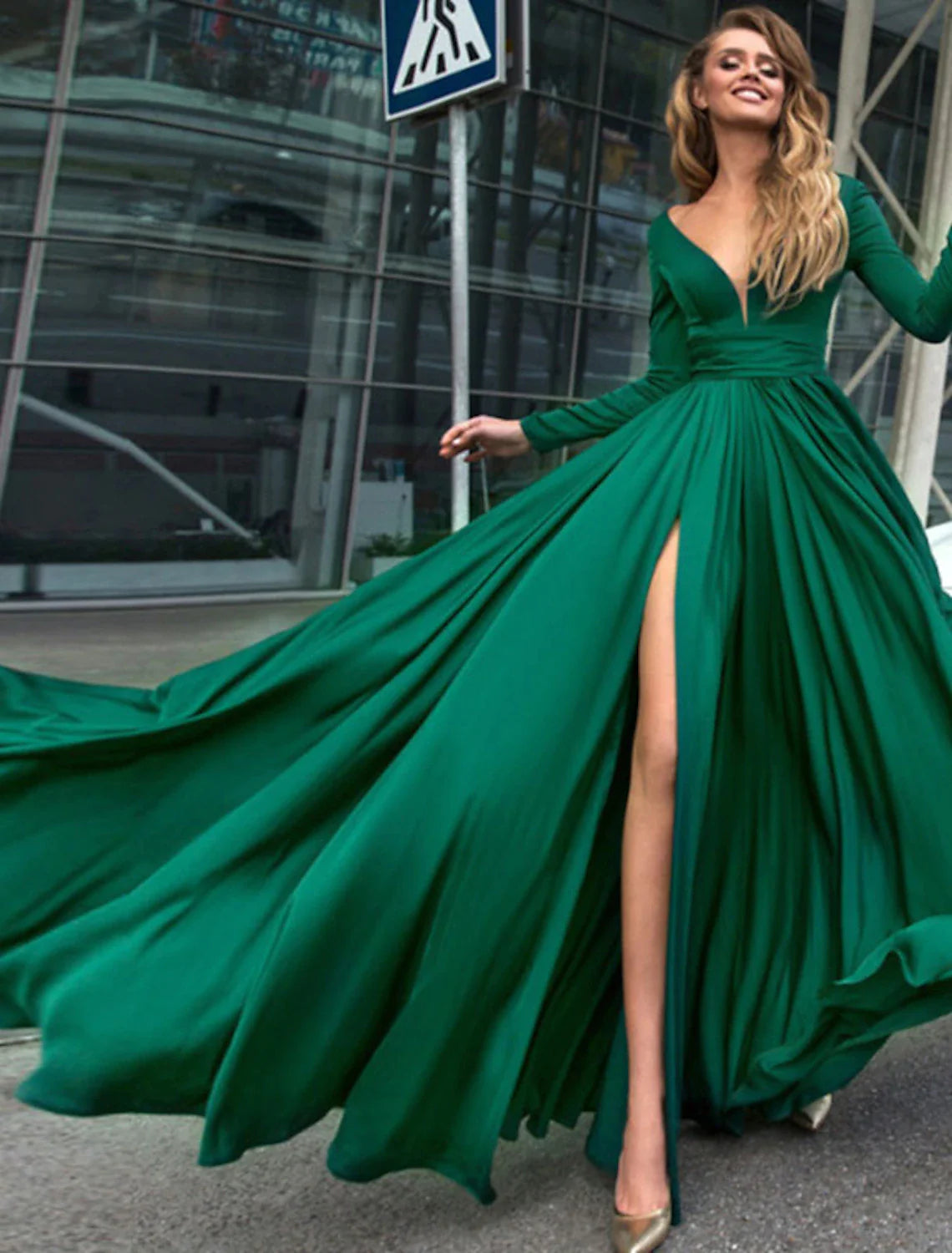 Vestido de noche corte A, estilo imperio, para fiestas, largo hasta el suelo, manga larga, escote en V, gasa, espalda en V con abertura, color puro