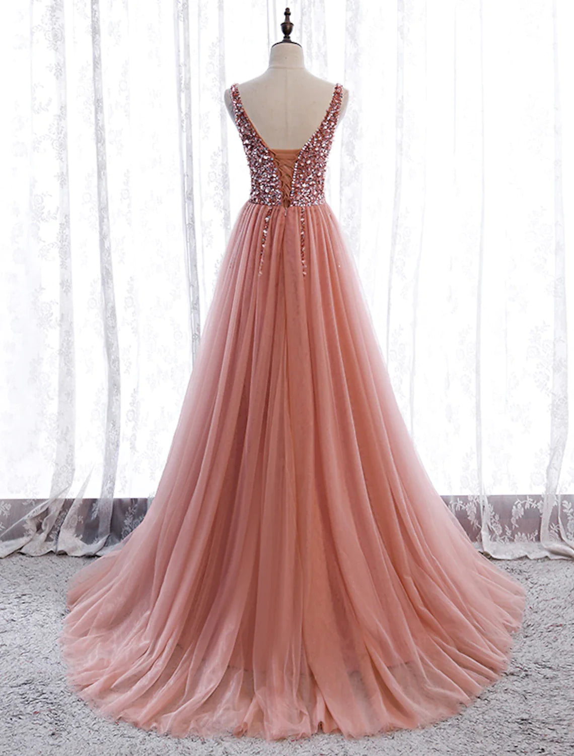 Vestidos de fiesta de corte A, elegantes, para fiesta, con cola de corte, sin mangas, cuello en V, poliéster con bordado de perlas