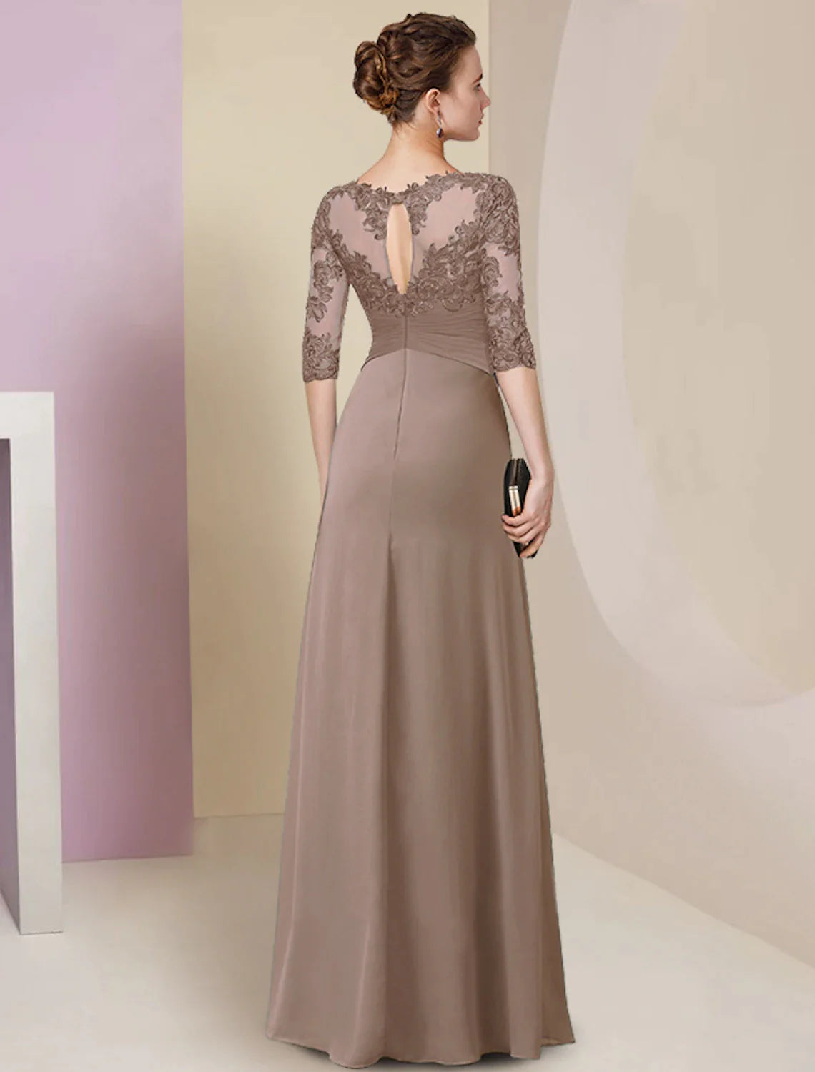 Sheath / Column Mother of the Bride Dress Simple Elegant Jewel Neck Floor Length Chiffon Lace Half Sleeve with Pleats Solid Color