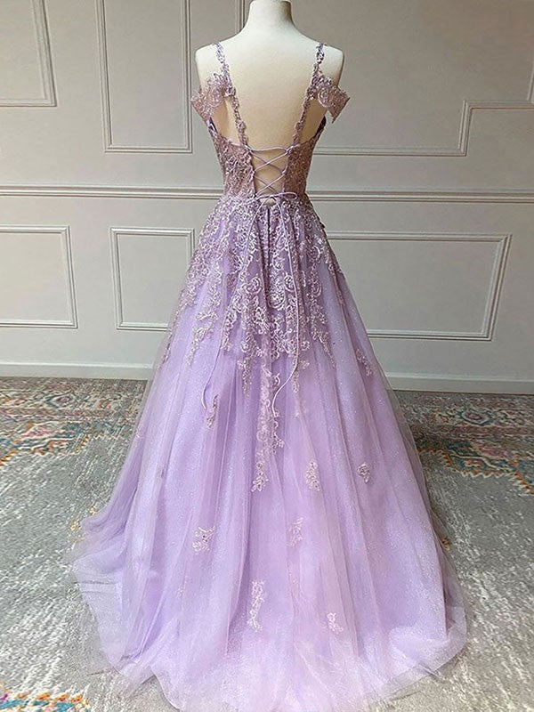 A-Line/Princess Tulle Applique V-neck Sleeveless Sweep/Brush Train Dresses