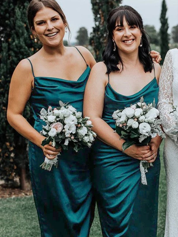 Vestidos de dama de honor de corte tubo/columna, de satén tipo seda, fruncidos, con tirantes finos, sin mangas y hasta los tobillos