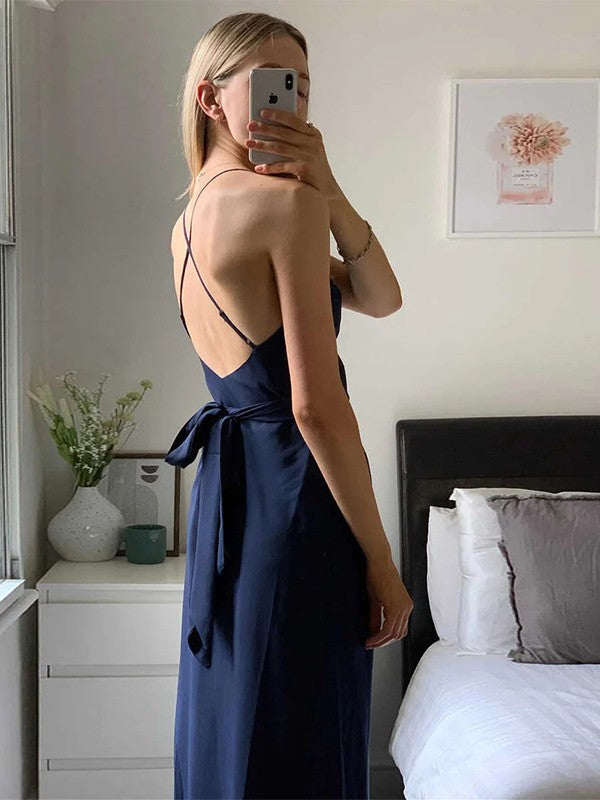 Vestido de dama de honor de satén elástico, con escote en V fruncido, sin mangas y largo hasta los tobillos, con corte tubo/columna