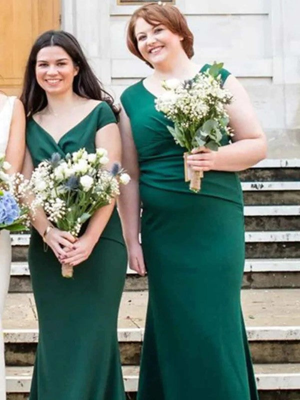 Vestidos de dama de honor de corte tubo/columna de gasa fruncida, escote en V, sin mangas y hasta el suelo