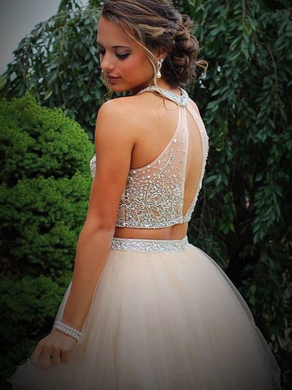 Vestido de dos piezas corto/mini de tul, sin mangas, corte princesa, escote redondo y cuentas