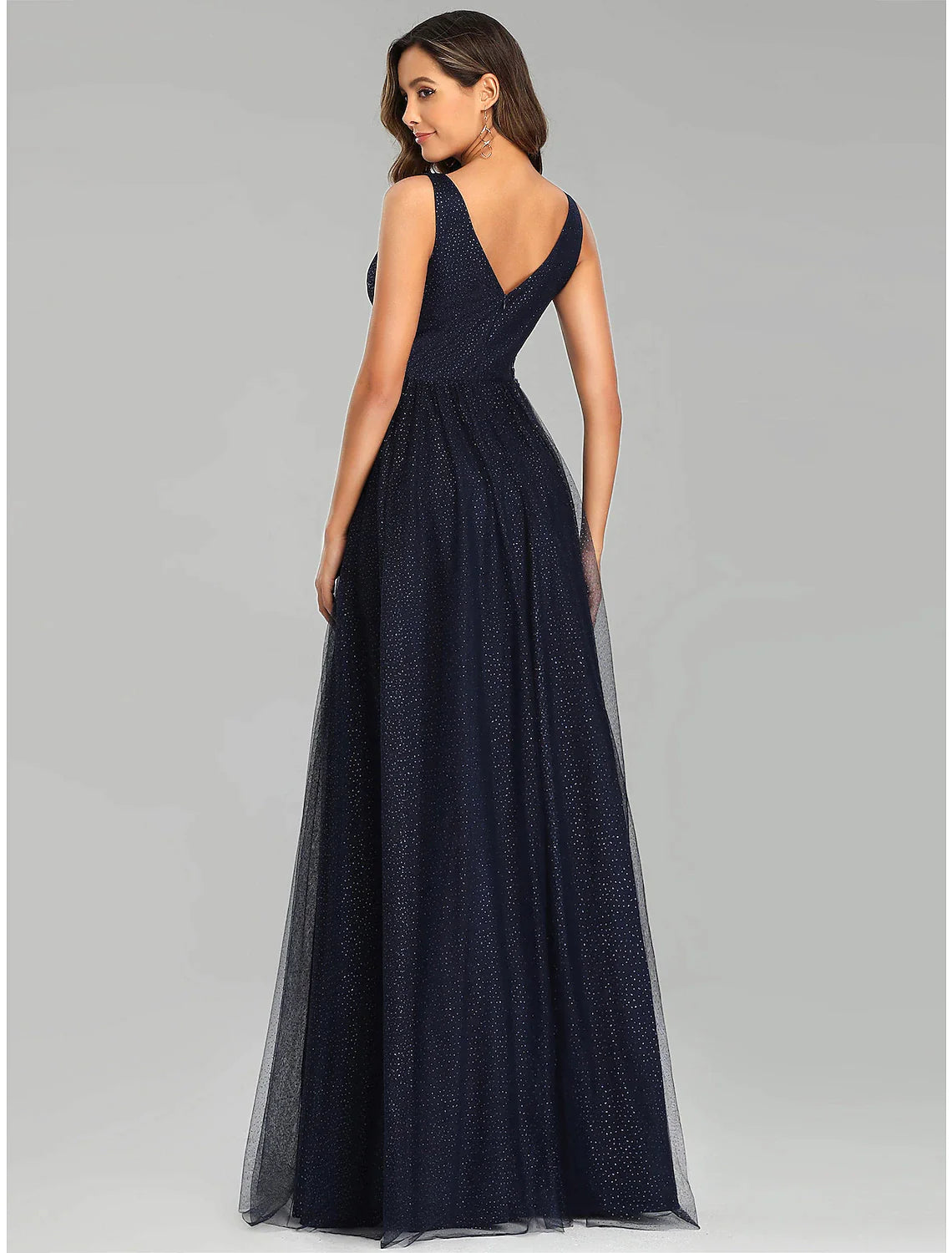 Vestidos de fiesta de corte A, estilo imperio, para invitados de boda, largo hasta el suelo, sin mangas, cuello en V, tul con apliques de lentejuelas