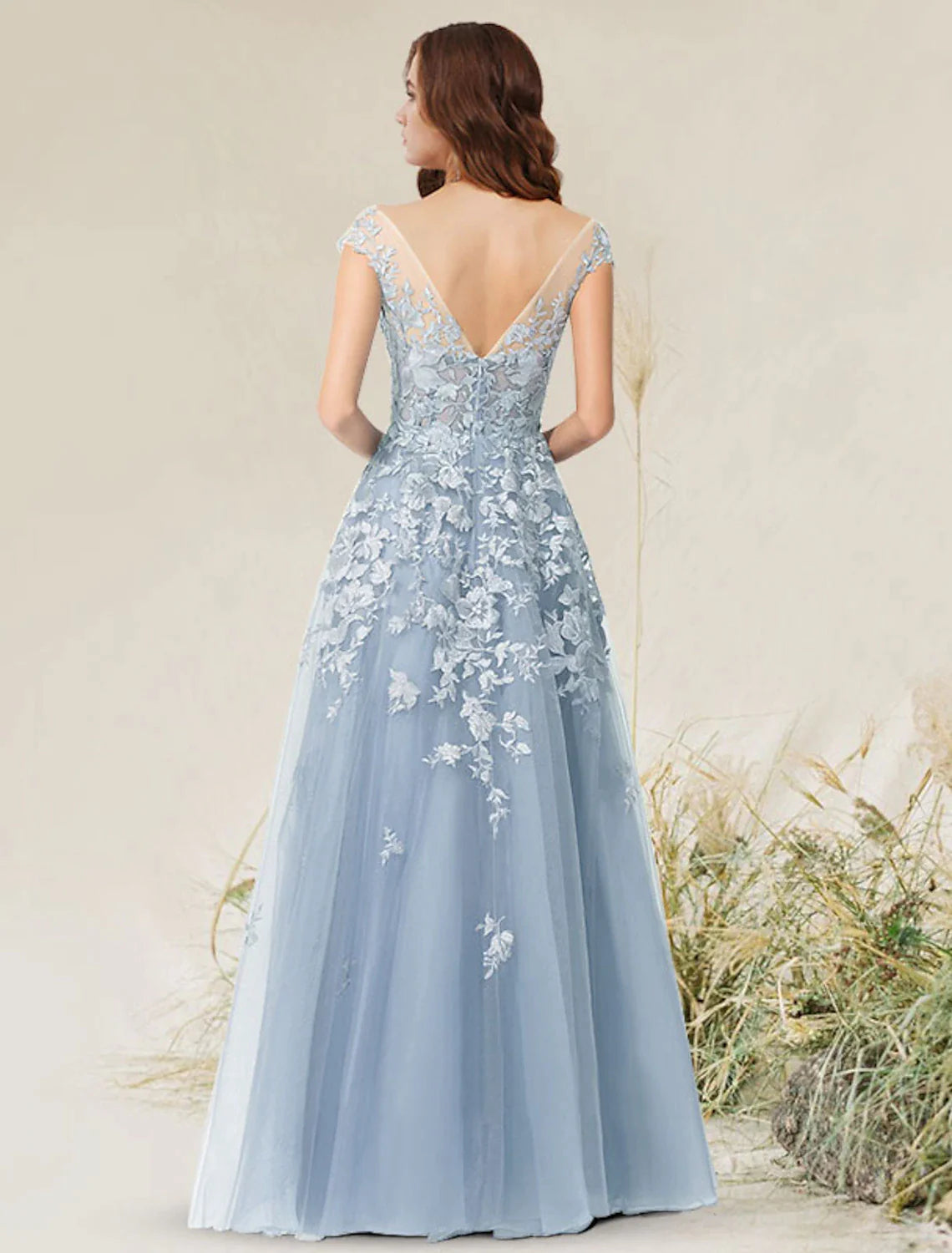 Vestido de fiesta elegante estilo imperio de corte A, vestido de noche formal, cuello joya, sin mangas, largo hasta el suelo, encaje con apliques