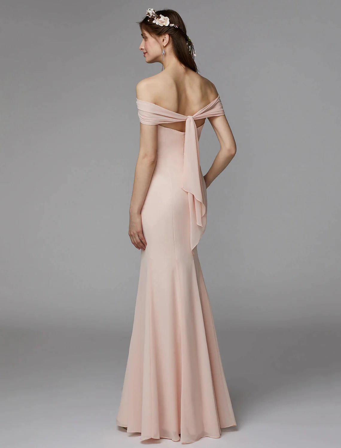 Vestido de dama de honor de corte sirena/trompeta, sin tirantes, sin mangas, espalda descubierta, largo hasta el suelo, de gasa, con faja/cinta/plisado