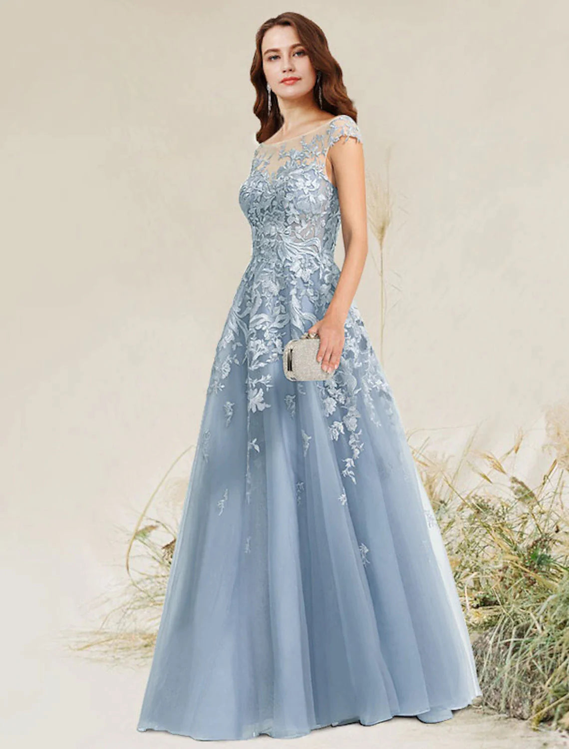 Vestido de fiesta elegante estilo imperio de corte A, vestido de noche formal, cuello joya, sin mangas, largo hasta el suelo, encaje con apliques