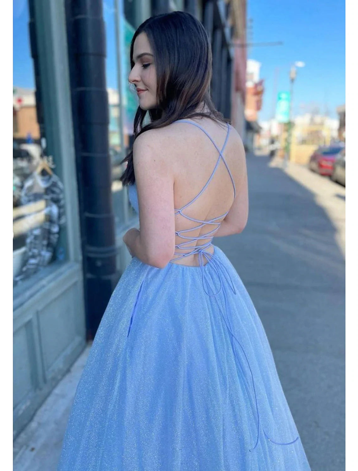 Vestido de fiesta de corte A, vestido de fiesta brillante y resplandeciente, vestido formal largo hasta el suelo, sin mangas, cuello en V, tul, espalda descubierta y pliegues