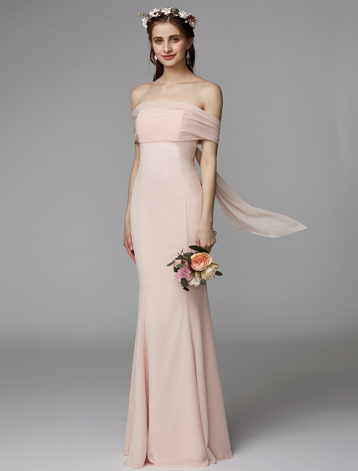 Vestido de dama de honor de corte sirena/trompeta, sin tirantes, sin mangas, espalda descubierta, largo hasta el suelo, de gasa, con faja/cinta/plisado