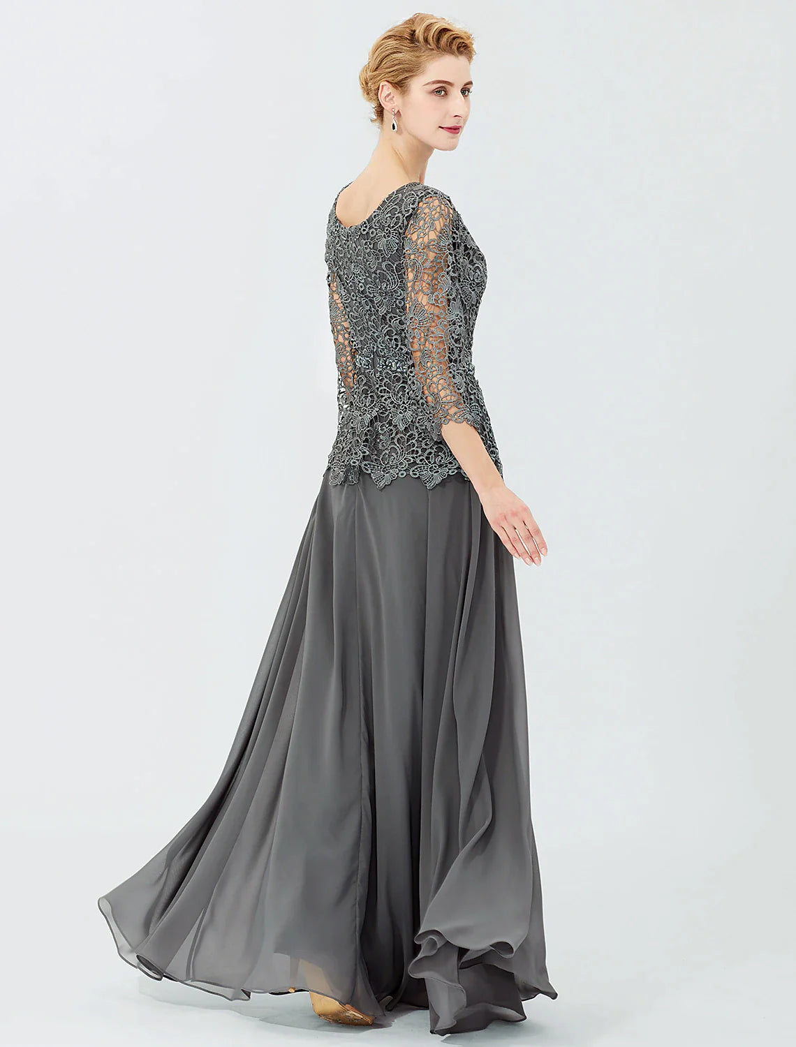 Ball Gown A-Line Mother of the Bride Dress Formal Classic & Timeless Elegant & Luxurious Elegant Scoop Neck Floor Length Chiffon Corded Lace 3/4 Length Sleeve with Sashes / Ribbons Beading
