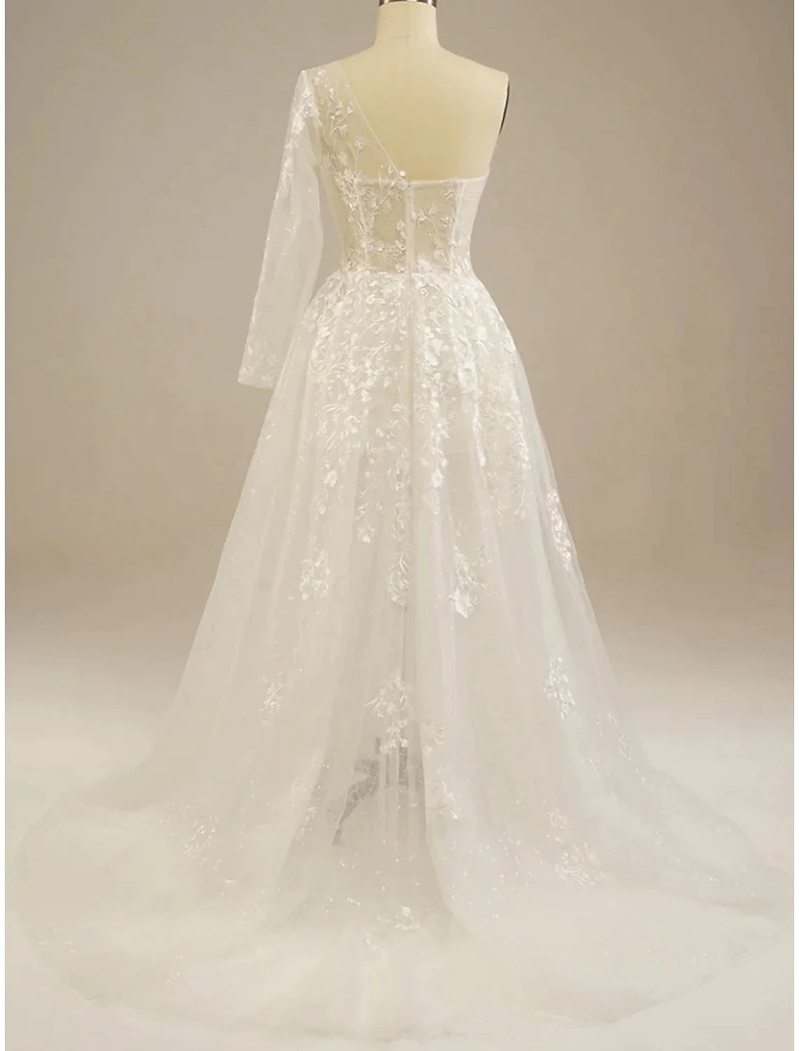Beach Sexy Boho Wedding Dresses A-Line One Shoulder Long Sleeve Sweep / Brush Train Lace Bridal Gowns With Split