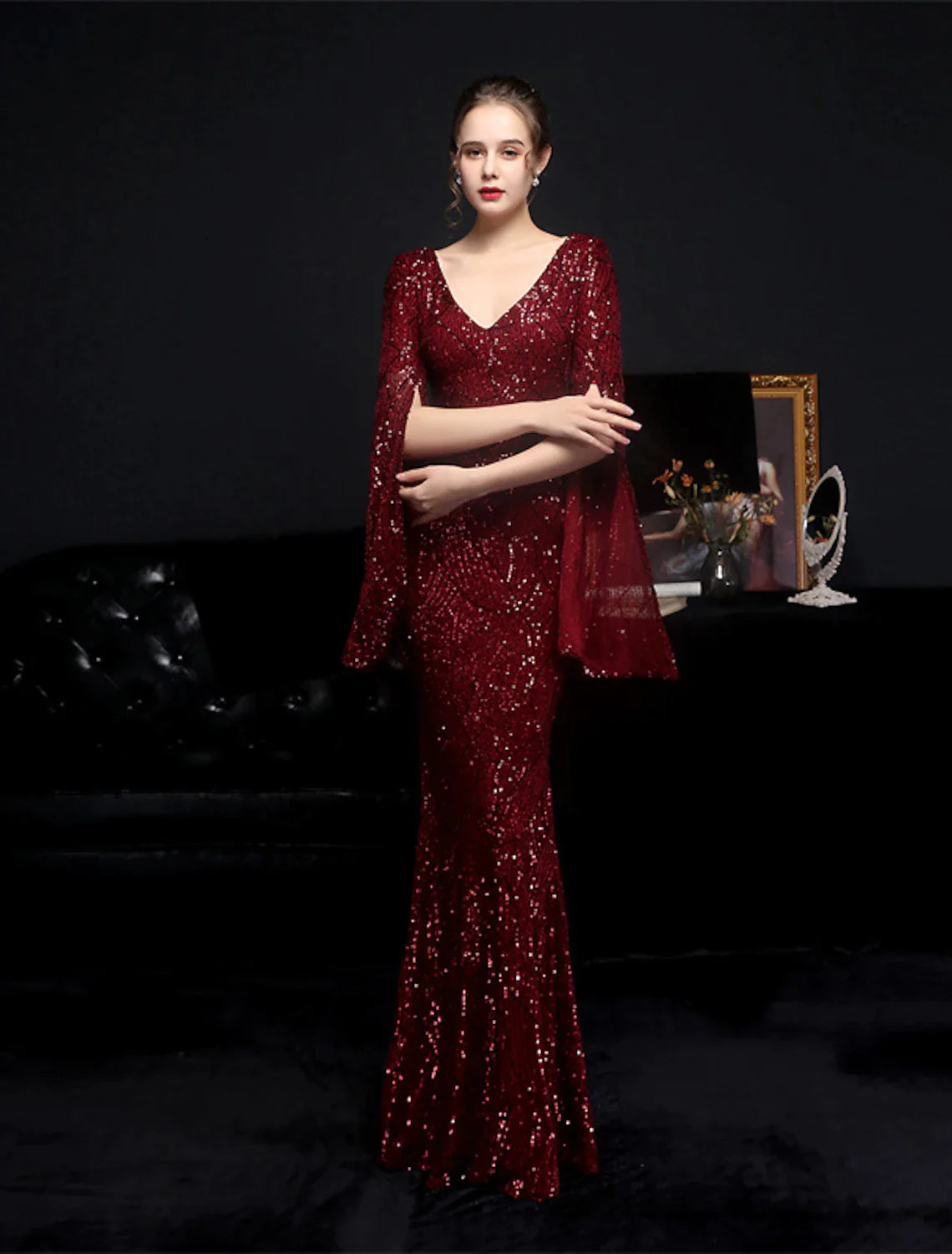 Mermaid / Trumpet Evening Gown Sparkle & Shine Dress Formal Floor Length Long Sleeve V Neck Sequined with Sequin