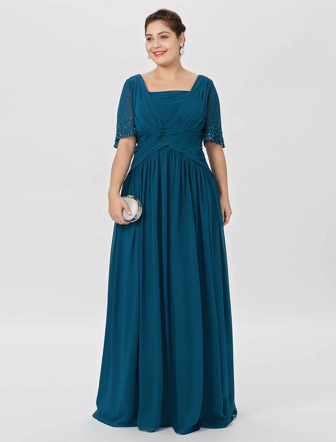 Vestido de baile Línea A Vestido para madre de la novia Formal Clásico y atemporal Elegante y lujoso Talla grande Escote cuadrado Largo hasta el suelo Gasa Manga corta No con pliegues Abalorios