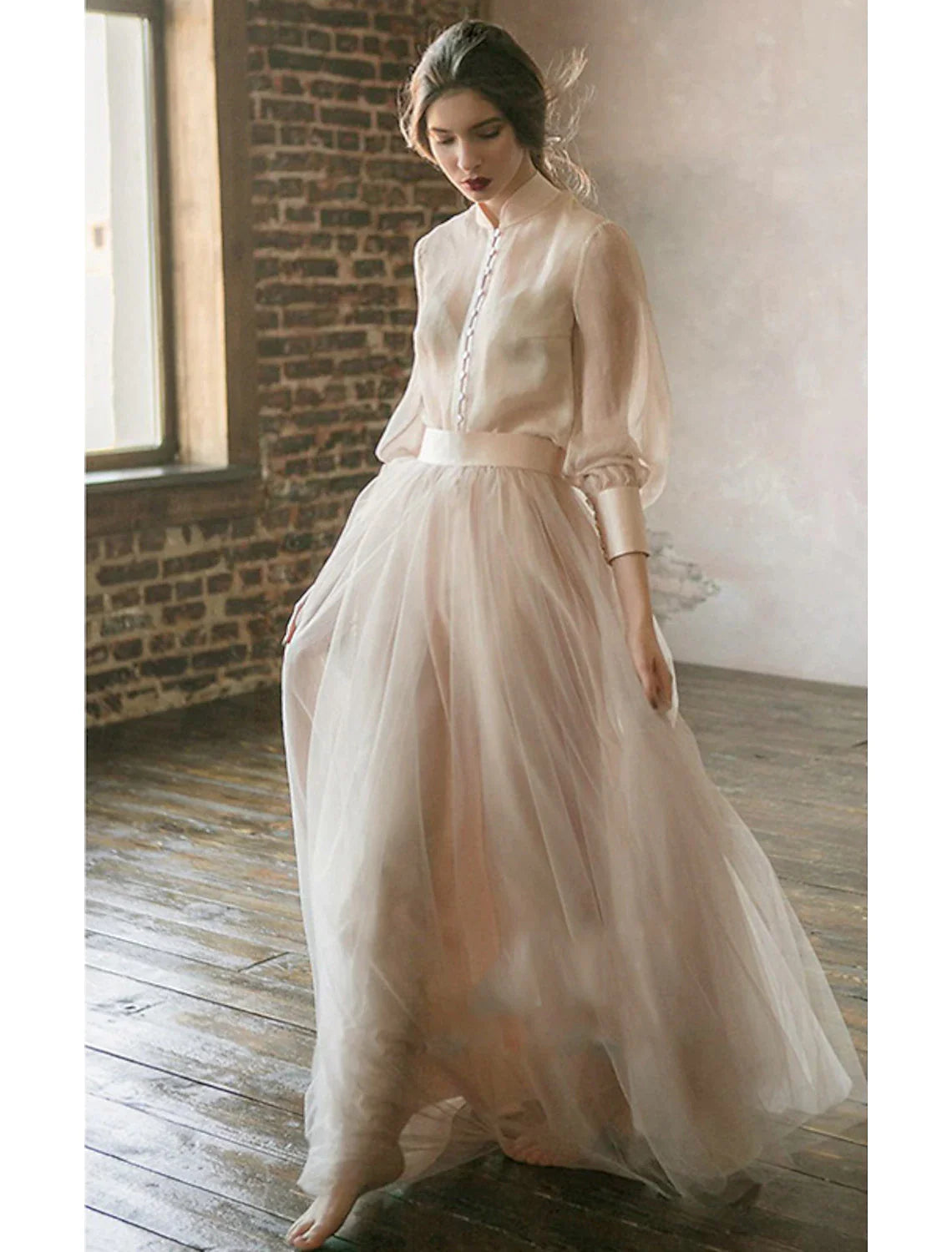 Vestido de dos piezas estilo imperio minimalista para invitadas de boda, formal, de noche, de cumpleaños, cuello alto, manga larga, largo hasta el suelo, de gasa con capa