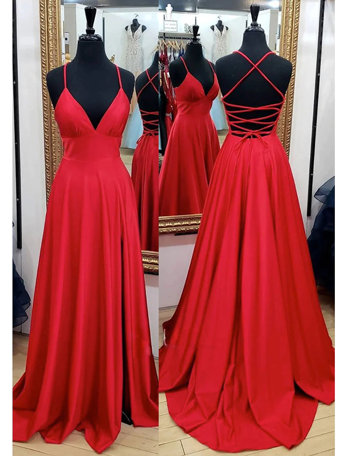 Vestidos de fiesta de corte A, estilo imperio, formales, con cola de corte, sin mangas, escote en V, charmeuse, espalda descubierta, con pliegues y abertura